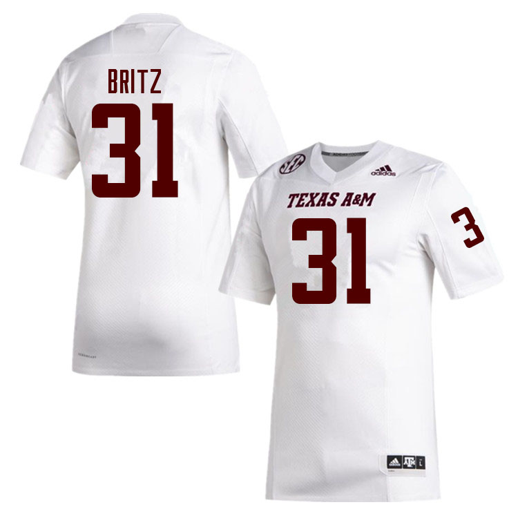 Men #31 Reinard Britz Texas A&M Aggies College Football Jerseys Sale-White